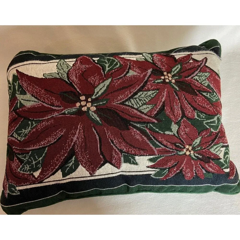Tapestry Throw Pillow Christmas Holiday Poinsettias Rectangle Red Green White
